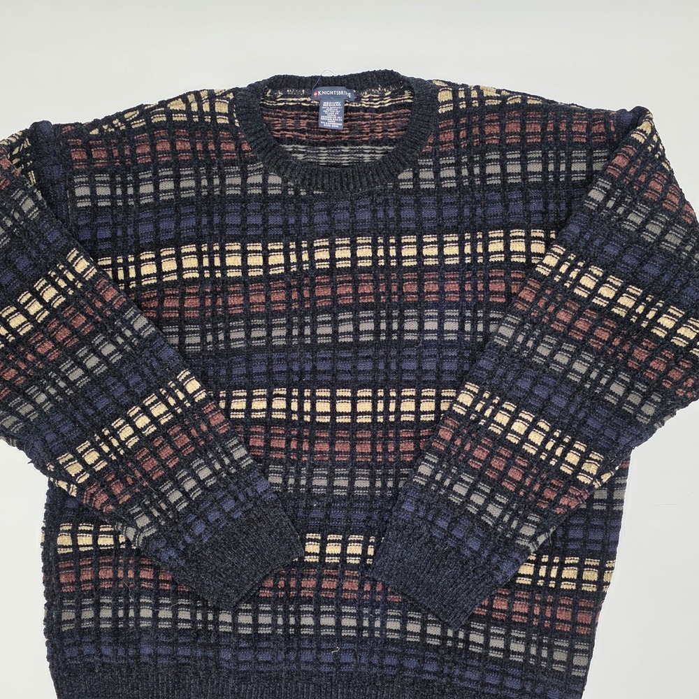 Knightsbridge Mens Medium‎ Acrylic Knit Sweater Pullover Blue Burgundy Tan Plaid